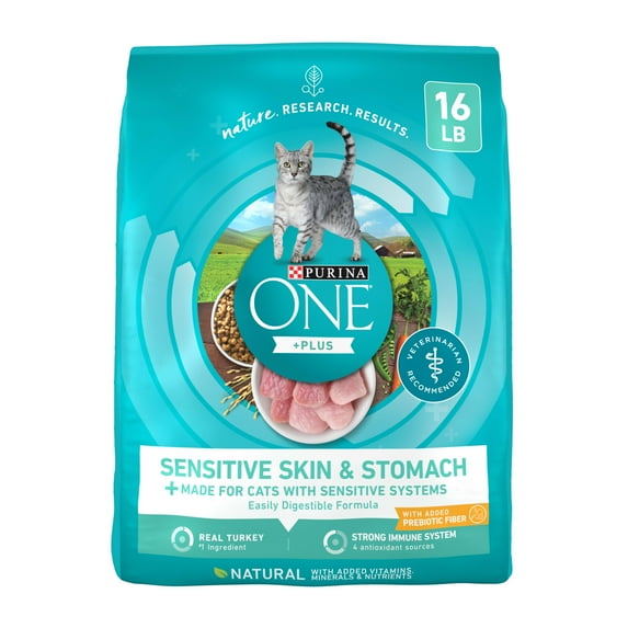 Purina ONE Plus, Sensitive Skin & Stomach, Dry Cat Food, Turkey, 16 lb Bag