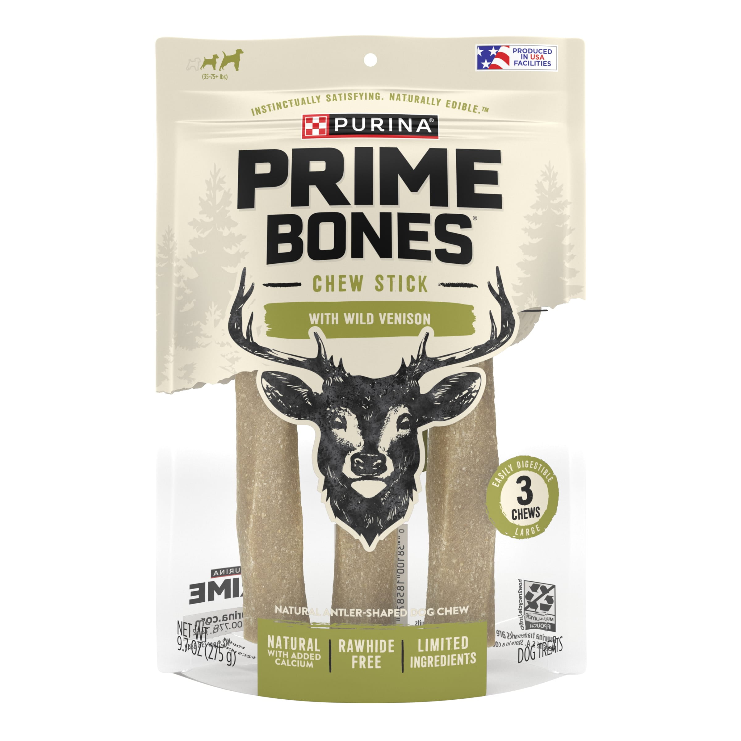 Purina Prime Bones Large Dog Treats with Rawhide Free Vension Chew Sticks, 9.7 oz Pouch (3 Count)