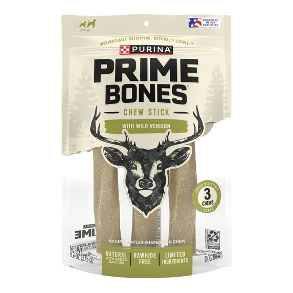 Purina Prime Bones Large Dog Treats with Rawhide Free Vension Chew Sticks, 9.7 oz Pouch (3 Count)