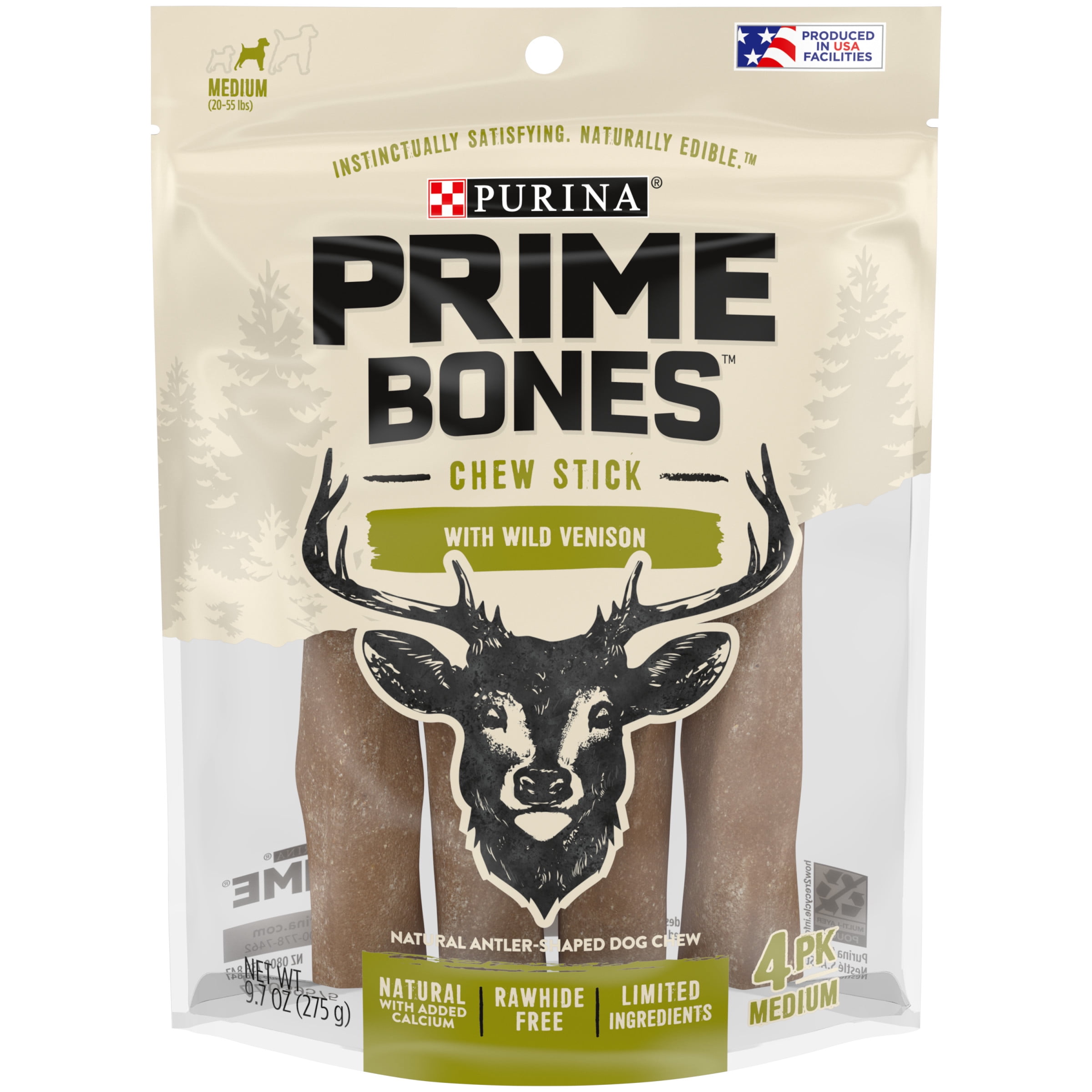 Purina Prime Bones Limited Ingredient Medium Dog Treats, Chew Stick With Wild Venison, 4 Ct