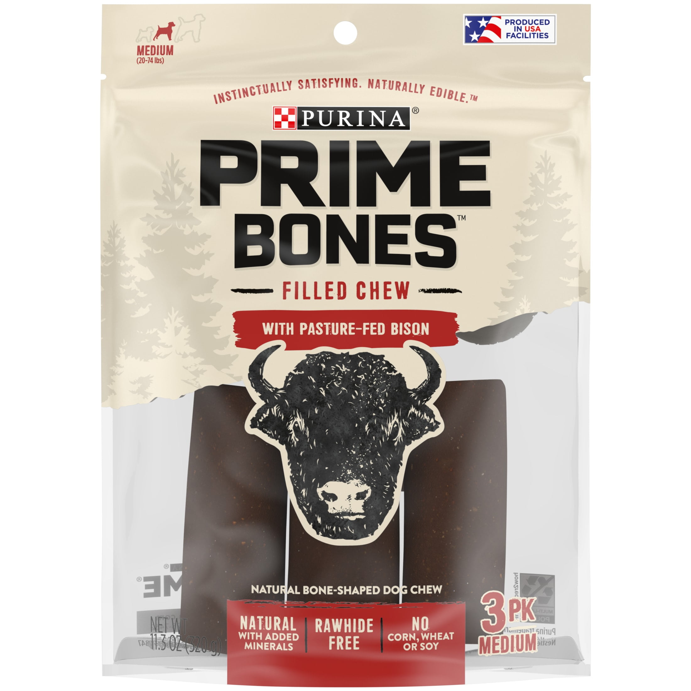 Purina Prime Bones Medium Dog Treats with Rawhide Free Bison Chew Sticks, 11.3 oz Pouch (3 Count)