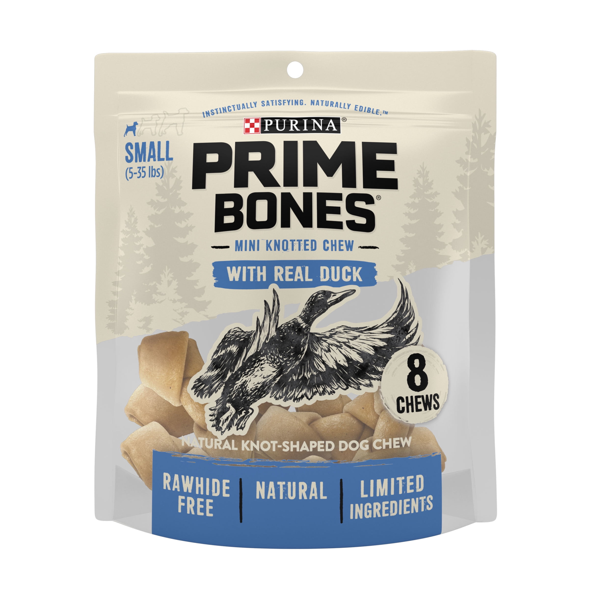 Purina Prime Bones Rawhide Free Natural Dog Treats With Real Duck Mini Knotted Chews, 8 Ct