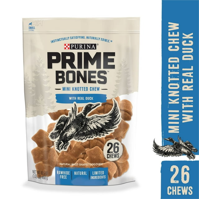 Purina Prime Bones Rawhide Free Natural Dog Treats With Real Duck Mini Knotted Chews