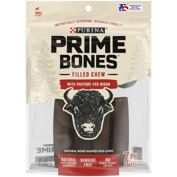 Purina Prime Bones Small Dog Treats with Rawhide Free Bison Chew Sticks, 11.2 oz Pouch (7 Count)