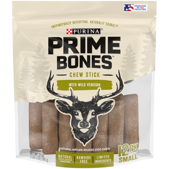 Purina Prime Bones Small Dog Treats with Rawhide Free Vension Chew Sticks, 21 oz Pouch (12 Count)