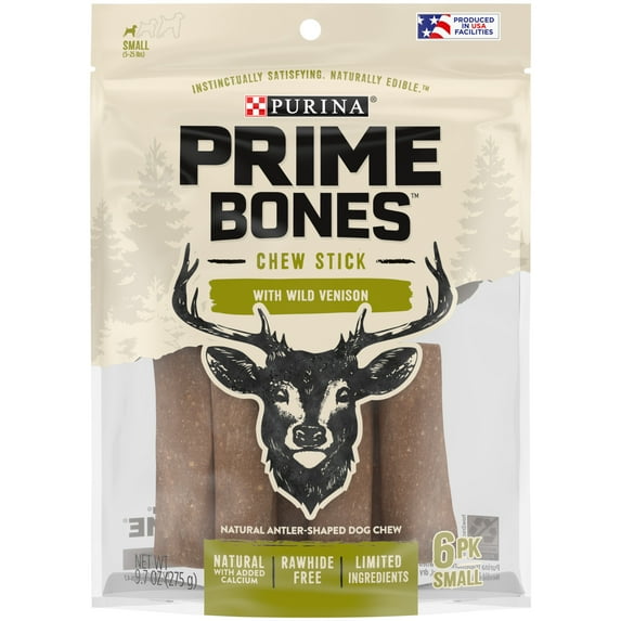 Purina Prime Bones Small Dog Treats with Rawhide Free Vension Chew Sticks, 9.7 oz Pouch (6 Count)