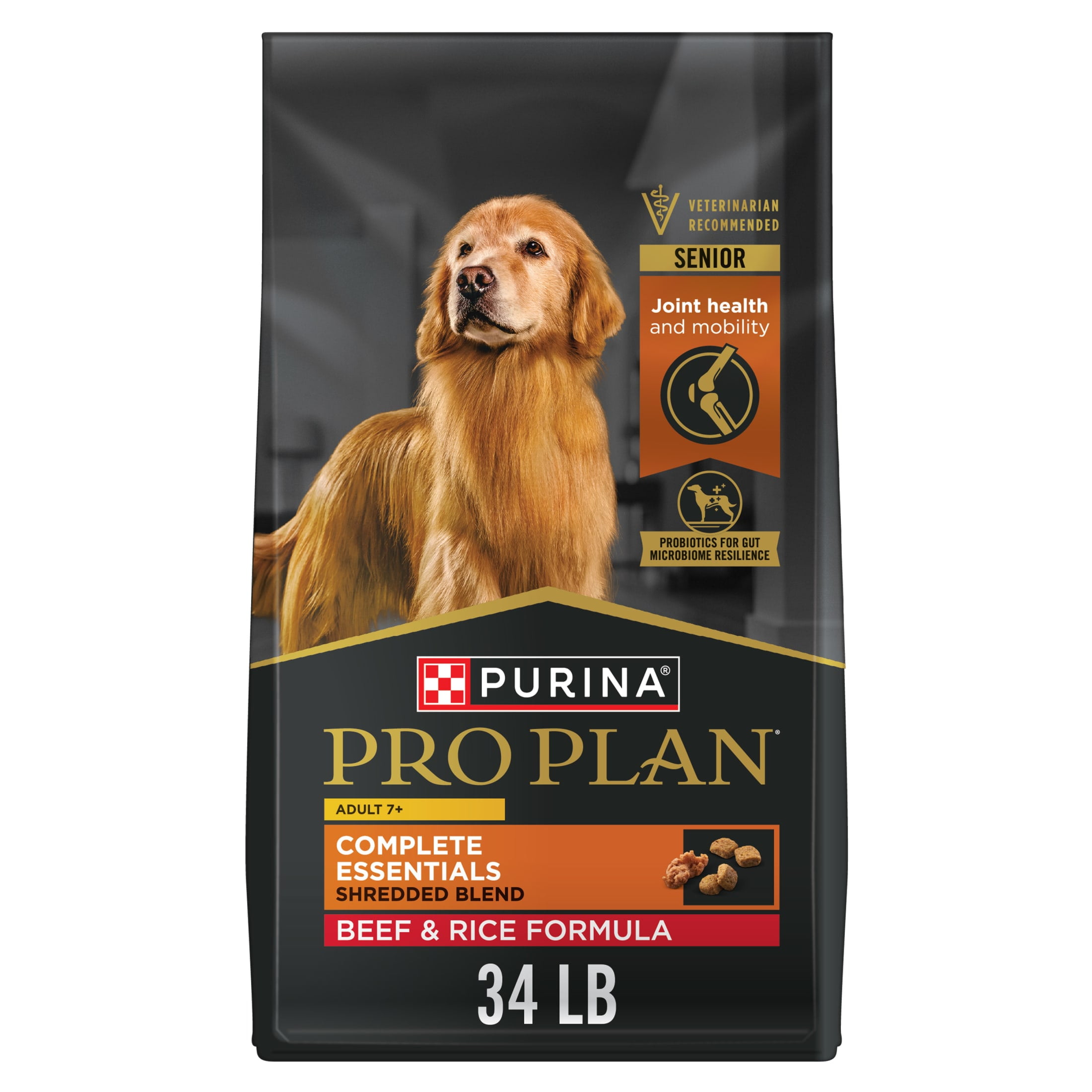 Purina Pro Plan Adult 7 Plus Complete Essentials Shredded Blend Beef and Rice Formula High Protein Dog Food for Senior Dogs, 34 lb Bag