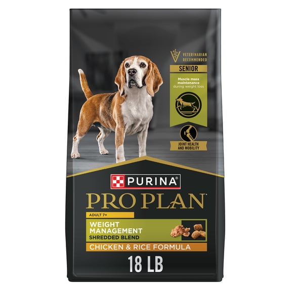 Purina Pro Plan Adult 7 Plus Weight Management Shredded Blend Chicken and Rice Formula Dog Food Senior Formula, 18 lb Bag