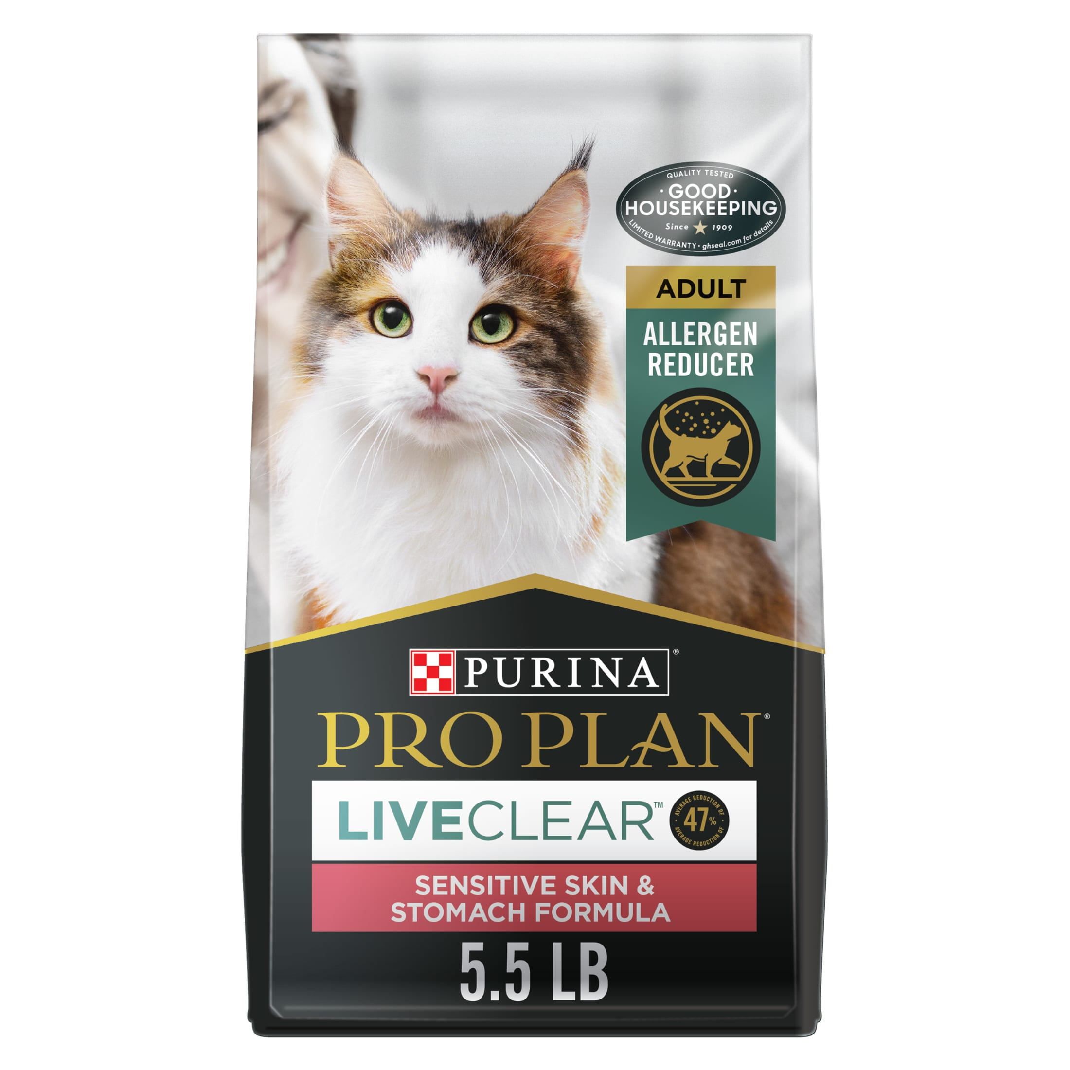 Purina Pro Plan Allergen Reducing, Sensitive Skin & Stomach, High Protein Cat Food, LIVECLEAR Turkey and Oatmeal Formula, 5.5 lb. Bag