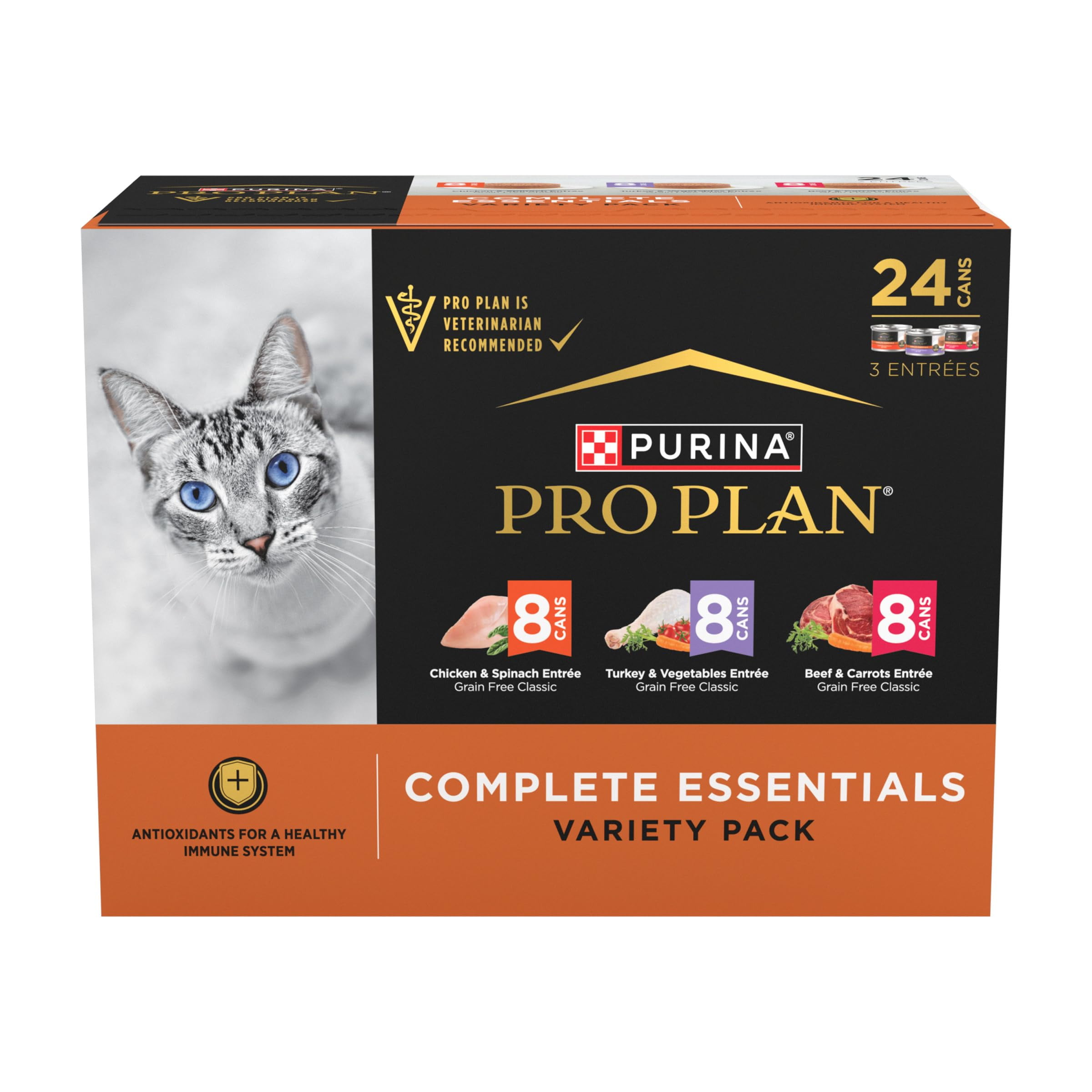 Purina Pro Plan Complete Essentials Chicken, Turkey and Beef Grain Free Wet Cat Food Variety Pack - (24) 3 oz. Cans C9