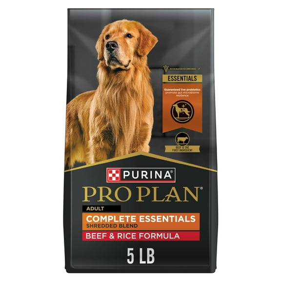Purina Pro Plan Complete Essentials Shredded Blend Beef and Rice Dry Dog Food Formula with Probiotics for Dogs, 5 lb Bag