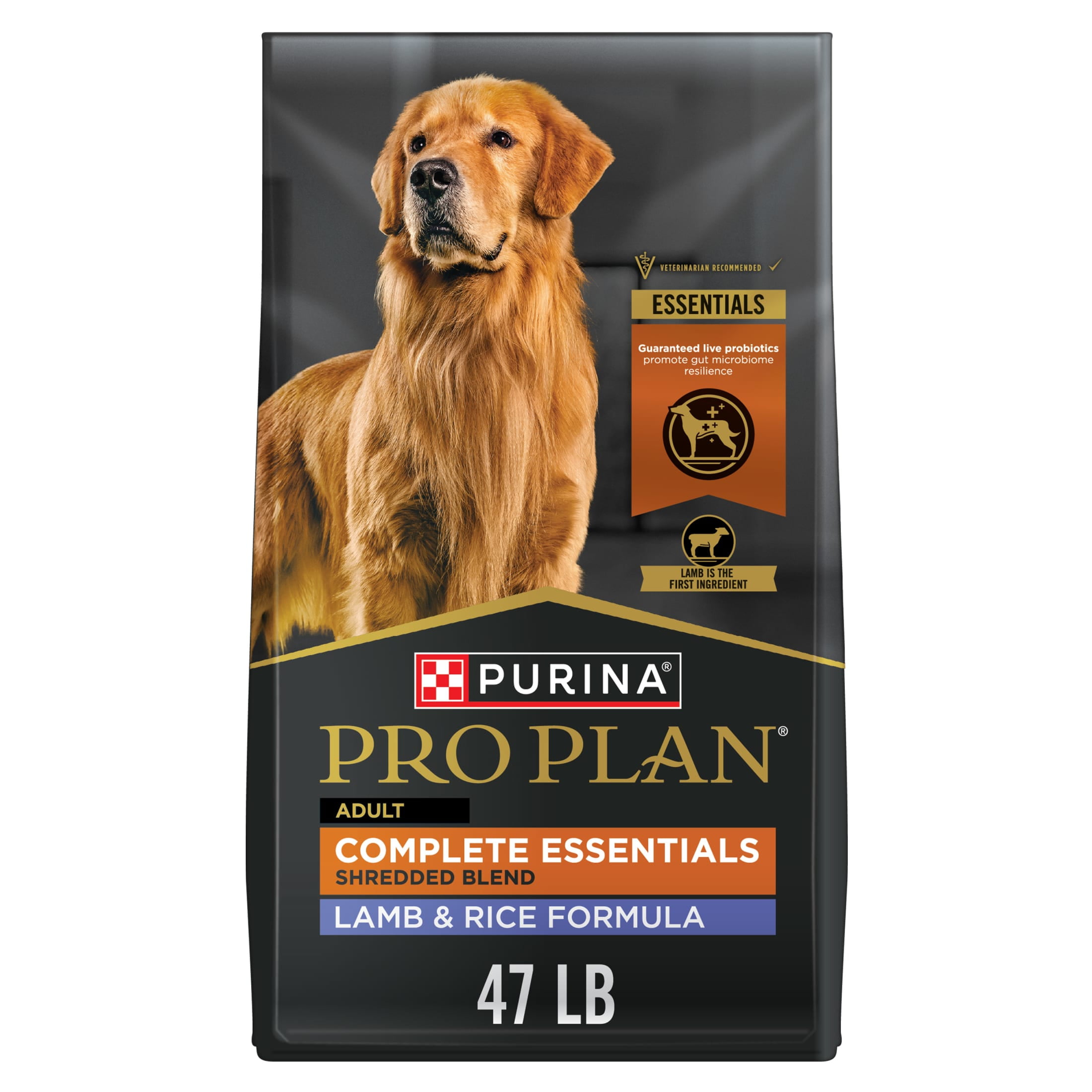 Purina Pro Plan Complete Essentials Shredded Blend Lamb and Rice Dog Food Dry Formula with Probiotics for Dogs, 47 lb.