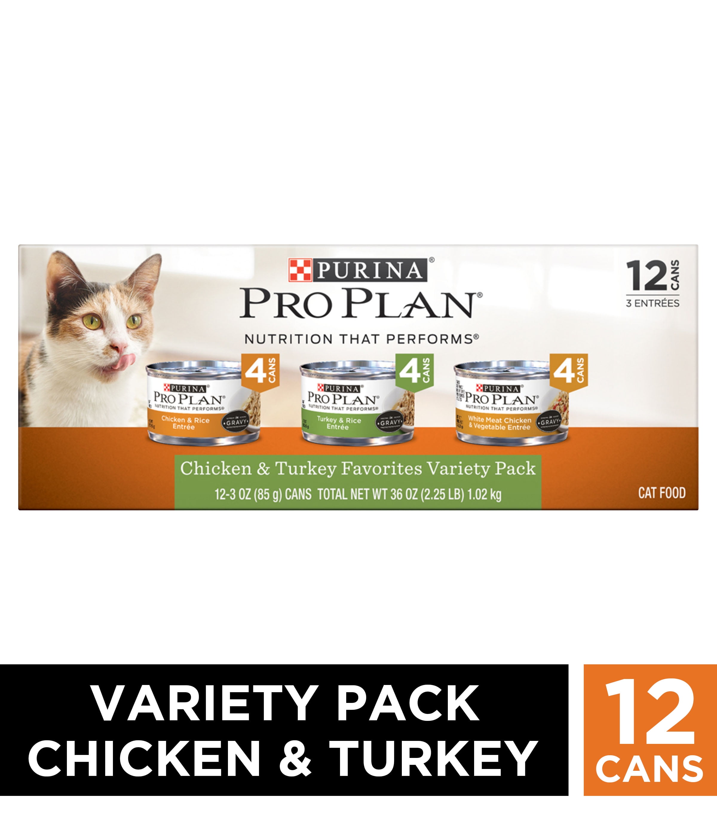 Purina Pro Plan Gravy Wet Cat Food Variety Pack, Chicken \u0026 Turkey Favorites, 12 Pack, 3 oz. Cans