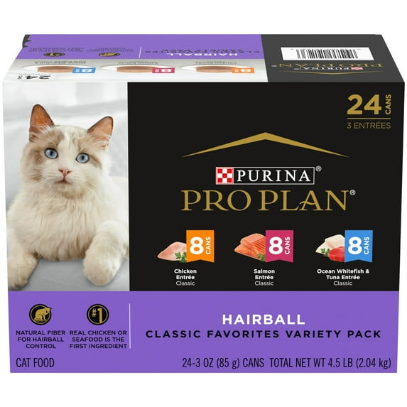 Purina Pro Plan Hairball Entrees High Protein, Hairball Control Wet Cat Food Variety Pack, 3 oz Cans (24 Pack)