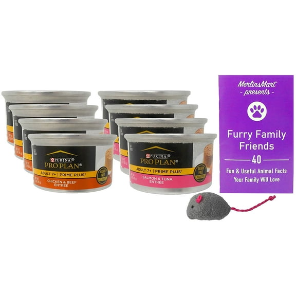 Purina Pro Plan Prime Plus Senior Wet Cat Food Entree 2 Flavor 8 Can Sampler, (4) Each: Salmon Tuna, Chicken Beef (3 Ounces) MerlinsMart Zine + Catnip Toy
