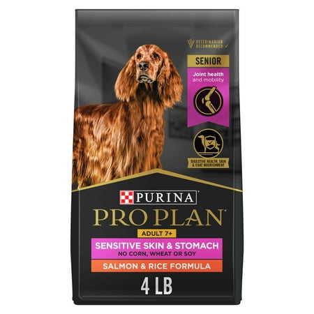Purina Pro Plan Sensitive Skin and Sensitive Stomach Dog Food Senior Dogs Adult 7 Plus Salmon and Rice Formula, 4 lb Bag