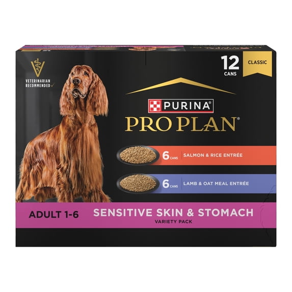 Purina Pro Plan Sensitive Skin and Stomach Wet Dog Food, Salmon and Rice and Lamb and Oatmeal Variety Pack, 13 oz Cans, 12 Pack
