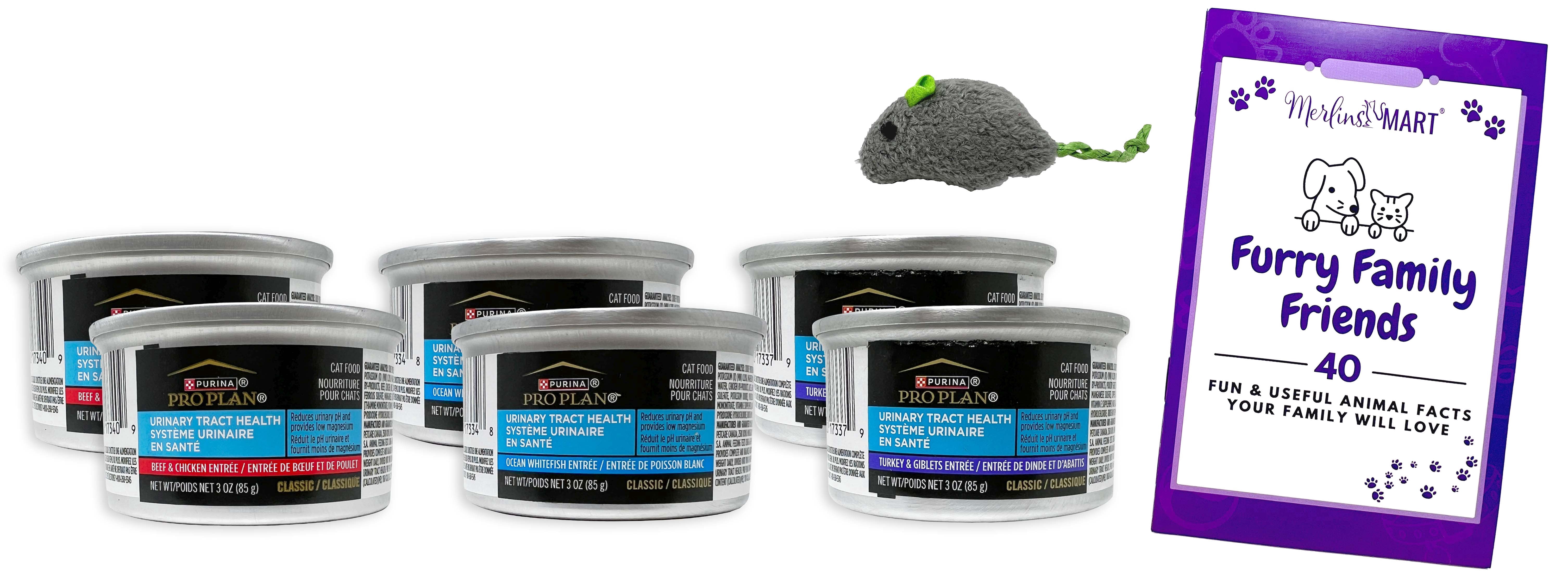 Purina Pro Plan Urinary Tract Health Formula Cat Food 3 Flavor 6 Can Sampler (2) Each: Beef Chicken, Ocean Whitefish, Turkey Giblets, (3 Ounces) MerlinsMart Zine + Catnip Mouse