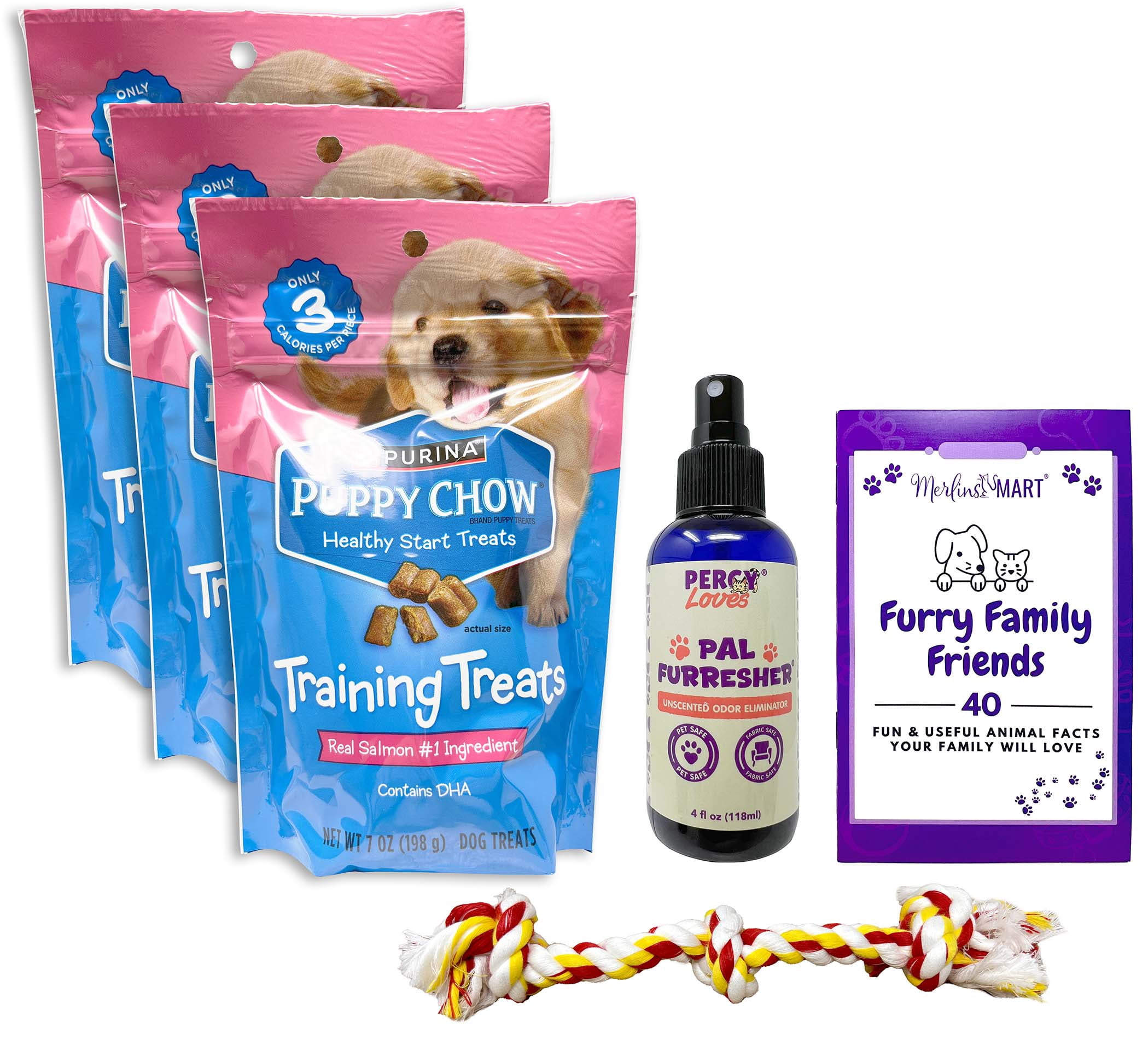 Purina Puppy Chow Salmon Training Treats Sm. Bag - 3 Pack | MerlinsMart Zine, Percy Loves Pal Furresher, & Dog Toy