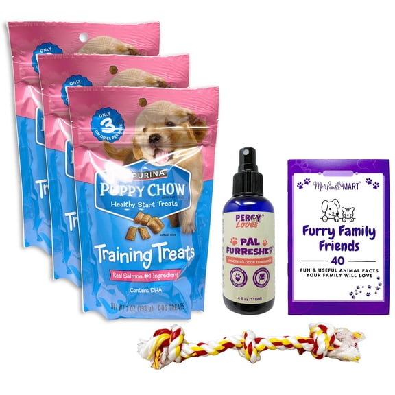 Purina Puppy Chow Salmon Training Treats Sm. Bag - 3 Pack | MerlinsMart Zine, Percy Loves Pal Furresher, & Dog Toy