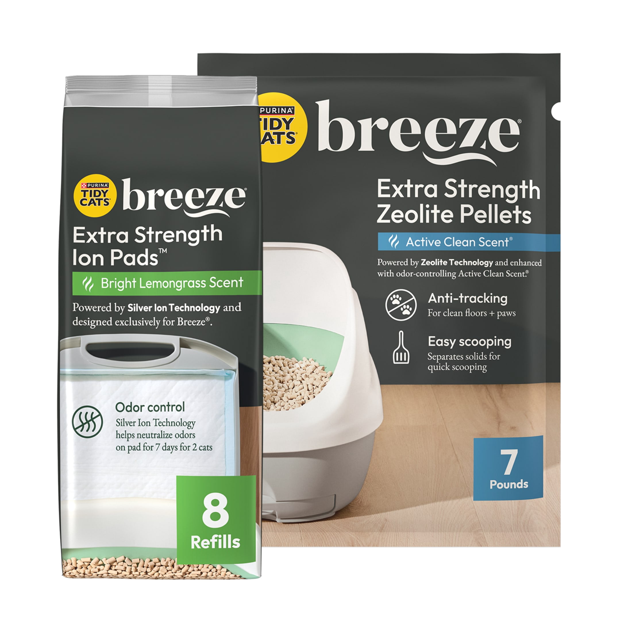 Purina Tidy Cats Breeze Extra Strength Active Clean Scent Zeolite Pellet Cat Litter System and Bright Lemongrass Scent Ion Pad Refills
