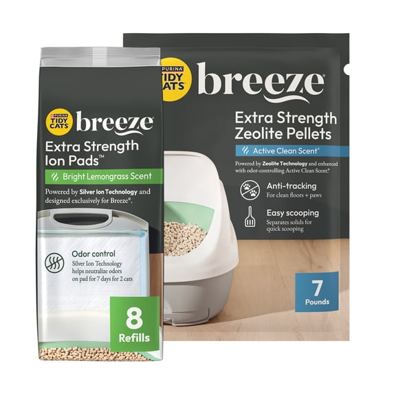 Purina Tidy Cats Breeze Extra Strength Active Clean Scent Zeolite Pellet Cat Litter System and Bright Lemongrass Scent Ion Pad Refills