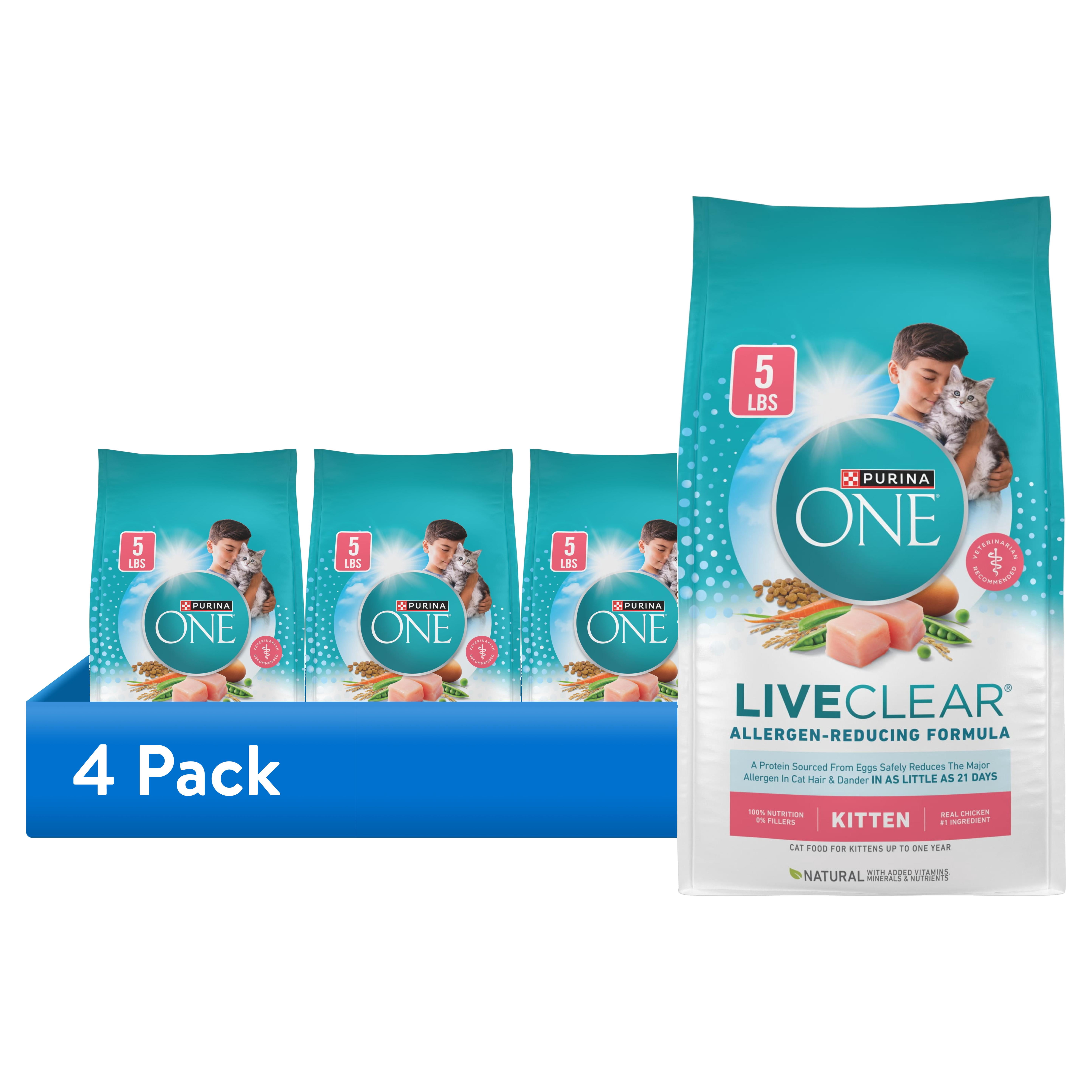 (4 pack) Purine ONE LiveClear Allergen-Reducing Dry Kitten Food Formula With Real Chicken As the Number One Ingredient, 5 lb.
