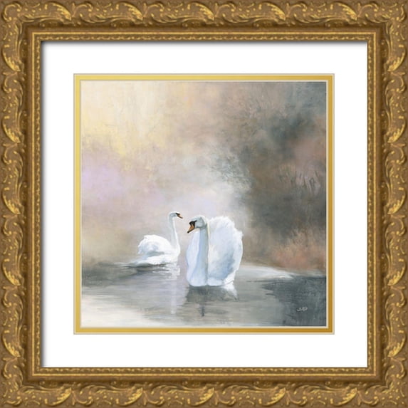 Purinton, Julia 15x15 Gold Ornate Wood Framed with Double Matting Museum Art Print Titled - Swans in Mist
