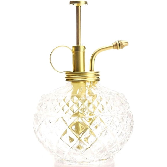 Purism Style Plant Mister - Clear Glass Bottle with Matte Gold Brass Sprayer, Vintage Anti-Rust Handheld Misting Bottle for Indoor Houseplants, Orchids, and Ferns, Handmade Gardening Gift