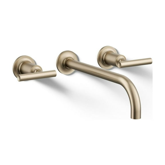 Open Box Purist Wall-mount bathroom sink faucet trim with 9", 90-degree angle spout and lever handles, requires valve