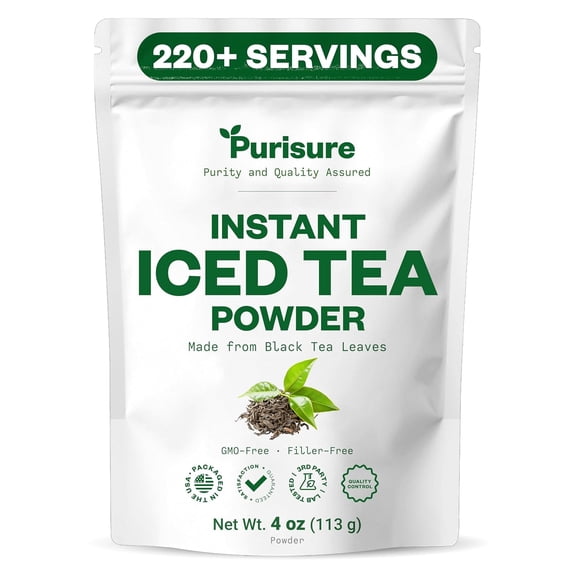 Purisure Unsweetened Instant Iced Tea Powder, Real Black Tea Leaves Extract, No Lemon Flavor, Sugarless, Zero- Calories, Dissolves in Cold Water, Makes Up to 220 plus Servings, 4 oz