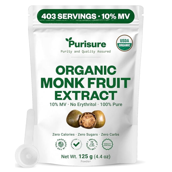 Purisure Organic Monk Fruit Extract Powder, 125g , No Fillers Pure USDA Organic Monk Fruit Extract Sweetener with No Aftertaste, Zero Calorie & Zero Carbs, Keto & Paleo Friendly 403 Servings