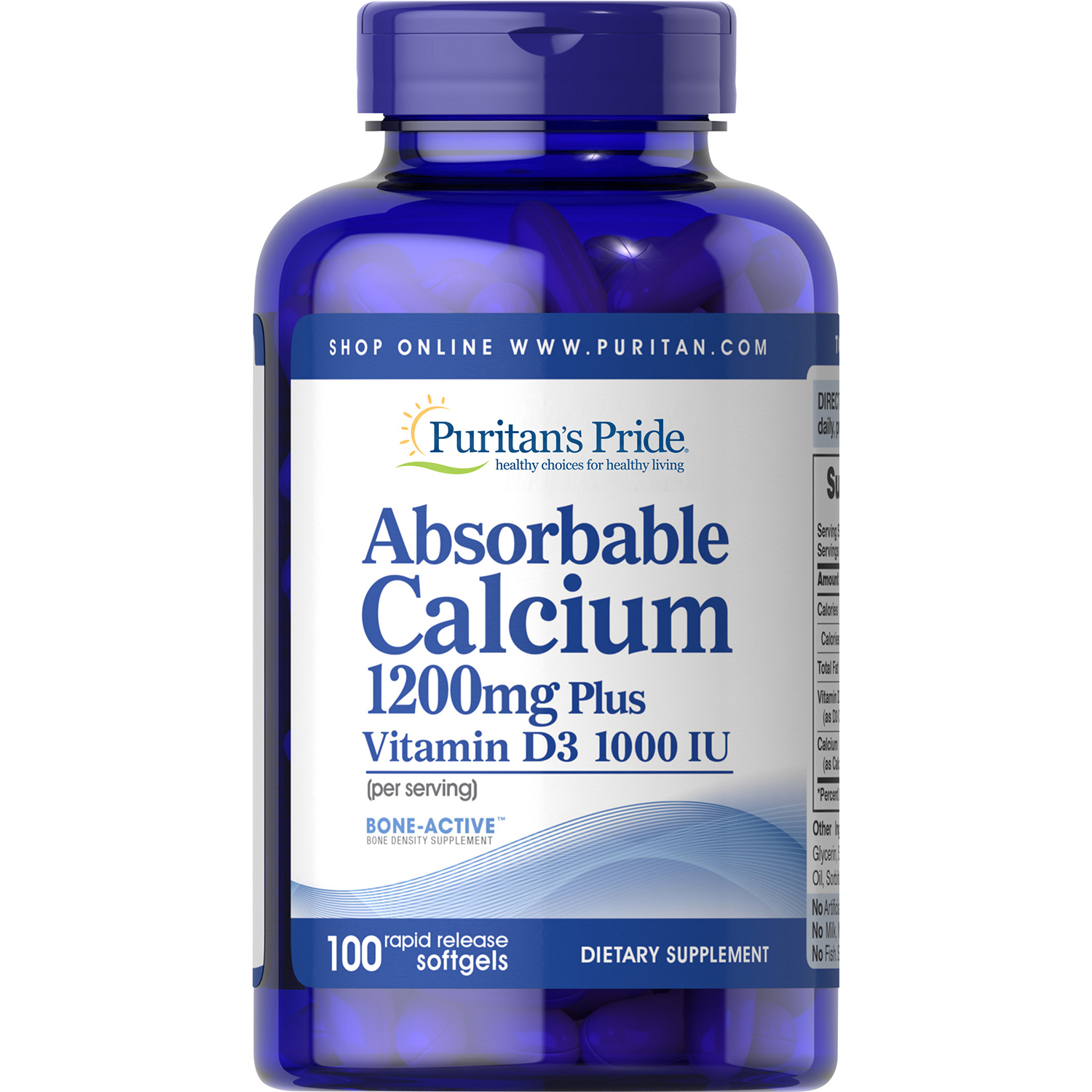 Puritan's Pride Absorbable Calcium 1200mg + Vitamin D 1000 IU, Bone ...
