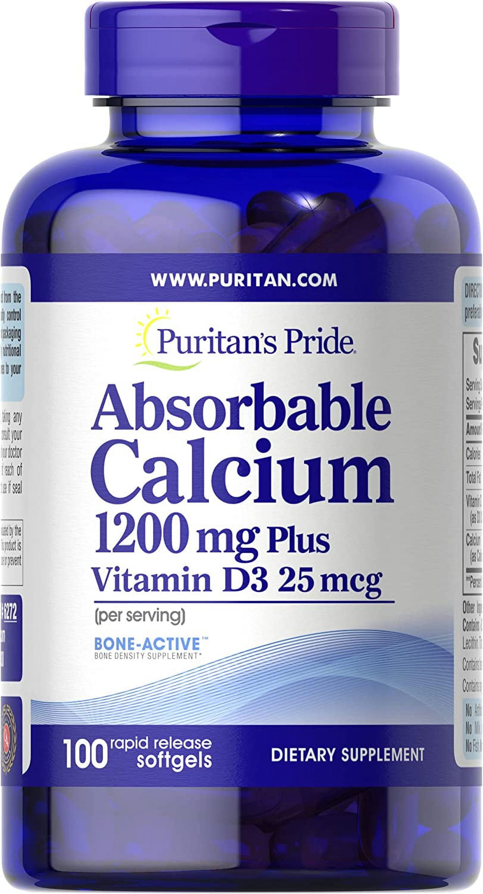 Puritan's Pride Absorbable Calcium 1200 mg with Vitamin D 1000 IU, 100