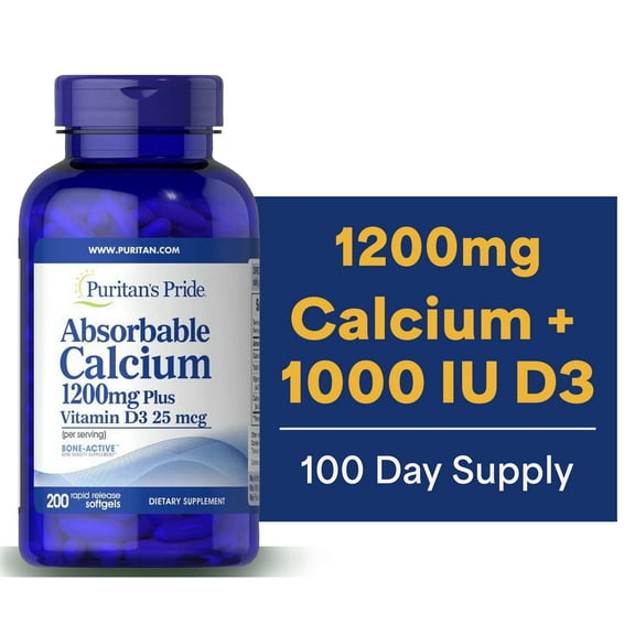 Puritan's Pride Absorbable Calcium with Vitamin D 3 1000iu Softgels, 1200 mg, 200 Count