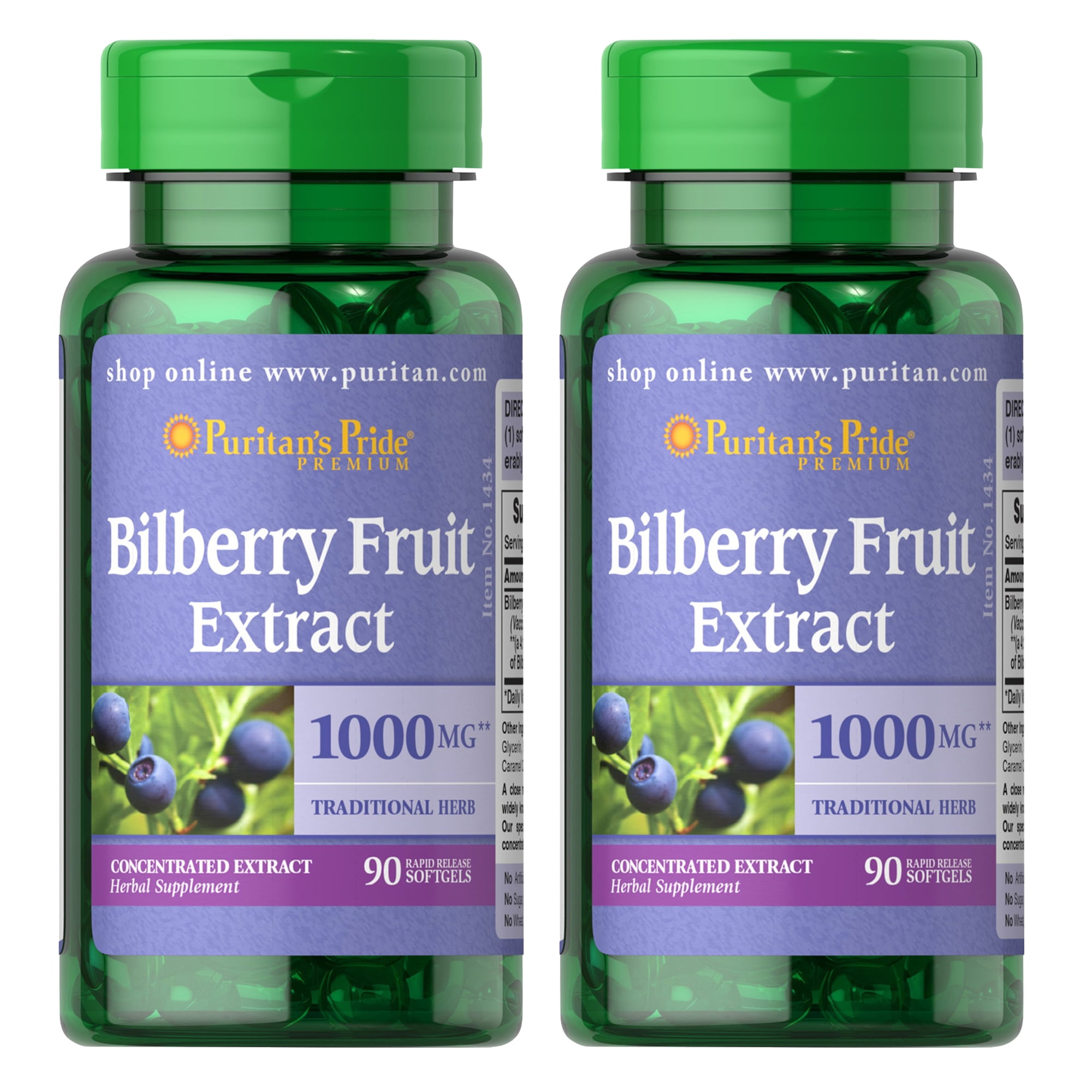 Puritan's Pride Bilberry Fruit Extract 1000mg 90 Softgels Improves Eye
