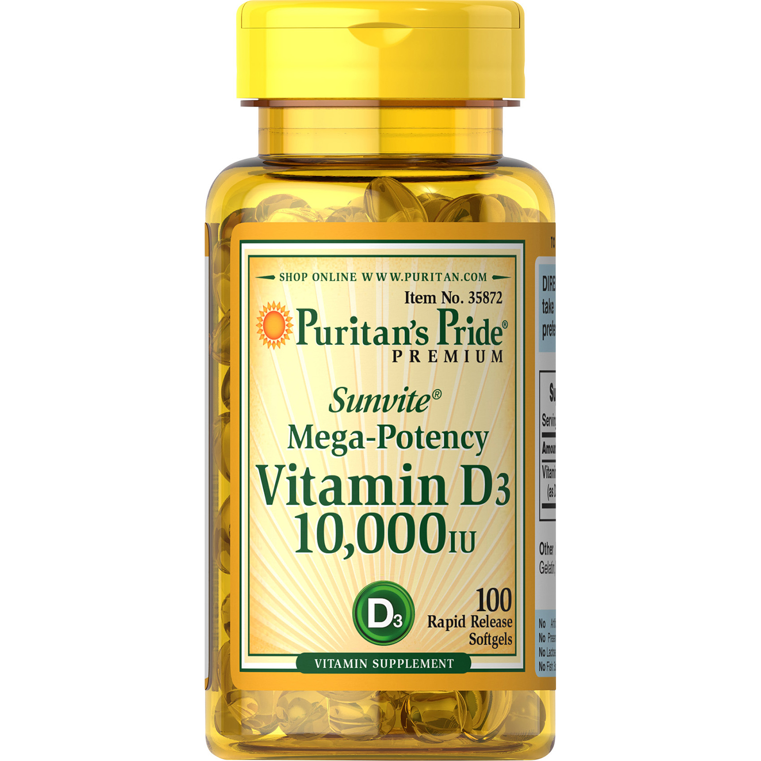 Puritan's Pride Vitamin D3 Softgels, 10000IU, 100Ct - image 1 of 3