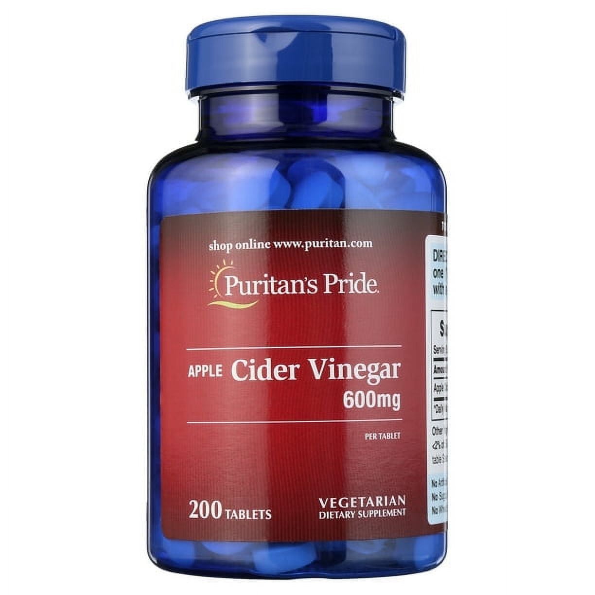 Puritans Pride Apple Cider Vinegar 600 mg Tablets, 200 Count
