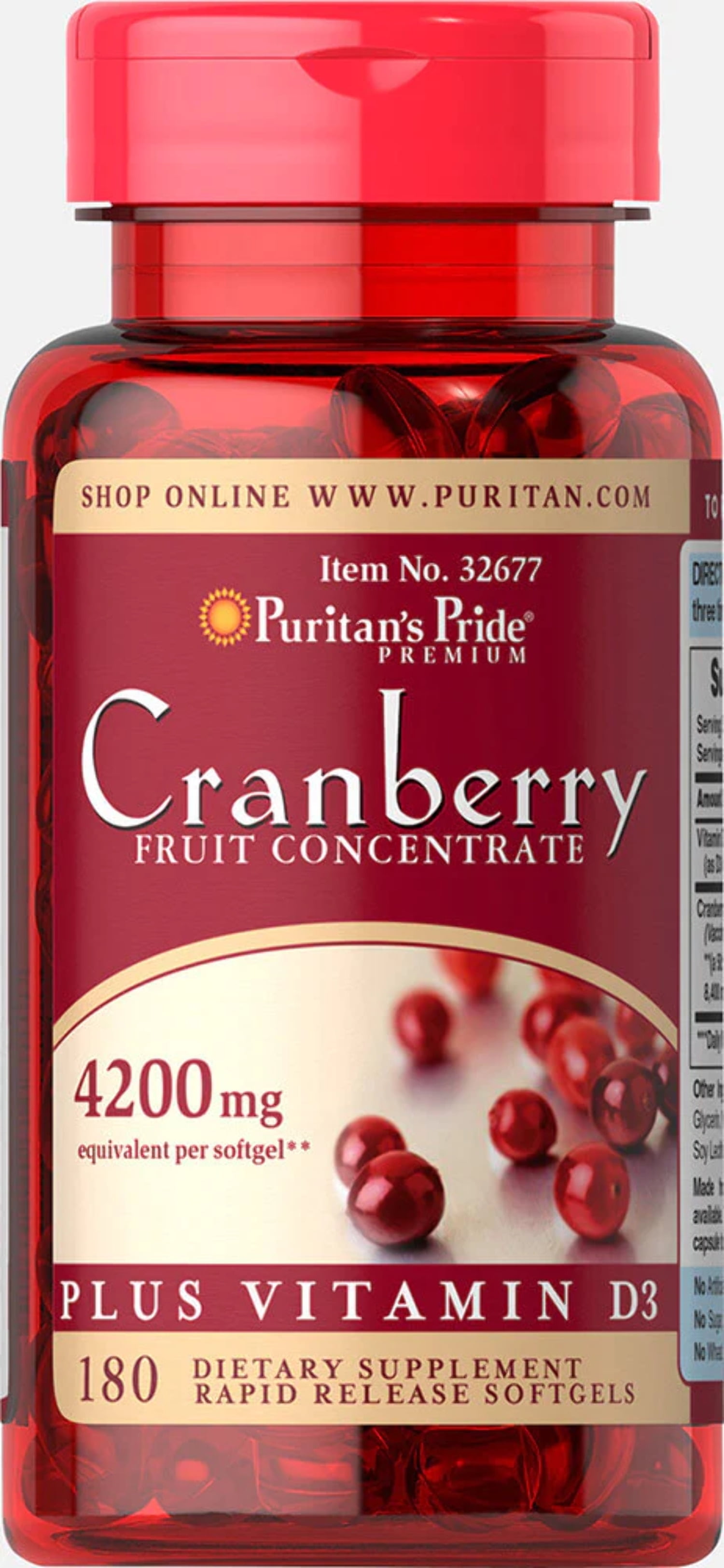 Puritans Pride Cranberry Fruit Concentrate Plus Vitamin D3 180