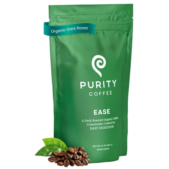 Purity Coffee EASE Dark Roast Low Acid Organic Coffee - USDA Certified Organic Specialty Grade Arabica Whole Bean Coffee - Third Party Tested for Mold, Mycotoxins and Pesticides - 12 oz Bag