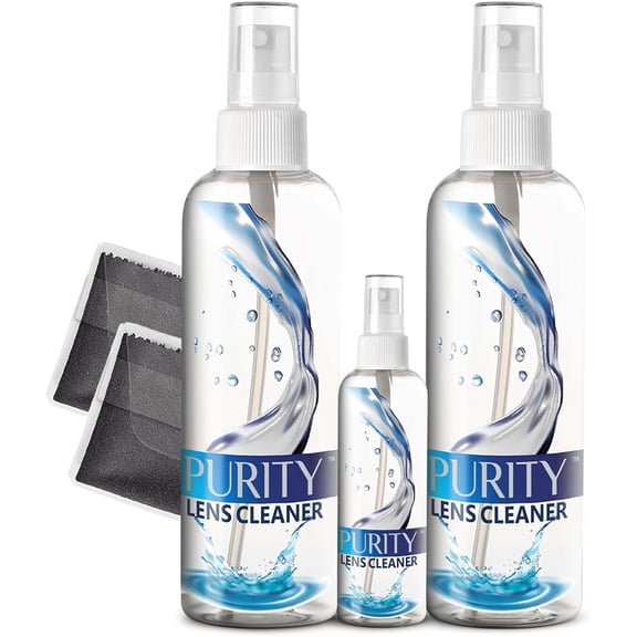 Purity Eyeglass Lens Cleaner Kit - 2 x 8oz and 1 x 2oz Lens Cleaner Spray Bottle + 2 Microfiber Cleaning Cloths - Safe for All Lenses (AR Coated Included) Clear
