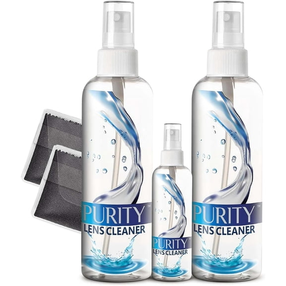 Purity Eyeglass Lens Cleaner Kit - 2 x 8oz and 1 x 2oz Lens Cleaner Spray Bottle + 2 Microfiber Cleaning Cloths - Safe for All Lenses (AR Coated Included) Clear
