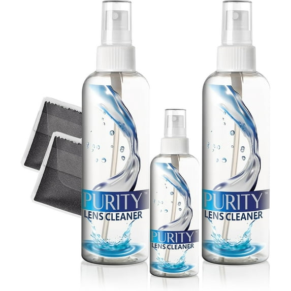 Purity Eyeglass Lens Cleaner Kit - 2 x 8oz and 1 x 2oz Lens Cleaner Spray Bottle + 2 Microfiber Cleaning Cloths - Safe for All Lenses (AR Coated Included), Eyeglasses and Screens - Clear