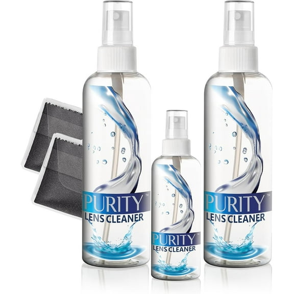 Purity Eyeglass Lens Cleaner Kit - 2 x 8oz and 1 x 2oz Lens Cleaner Spray Bottle + 2 Microfiber Cleaning Cloths - Safe for All Lenses (AR Coated Included), Eyeglasses and Screens - Clear