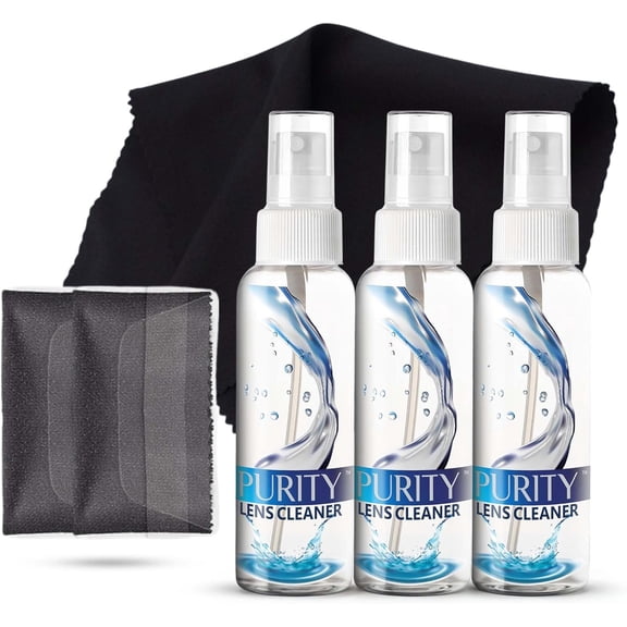 Purity Eyeglass Lens Cleaner Kit - 3 x 1oz Travel Size Lens Cleaner Spray Bottle + 2 Microfiber Cleaning Cloths - Safe for All Lenses (AR Coated Included), Eyeglasses and Screens - Clear
