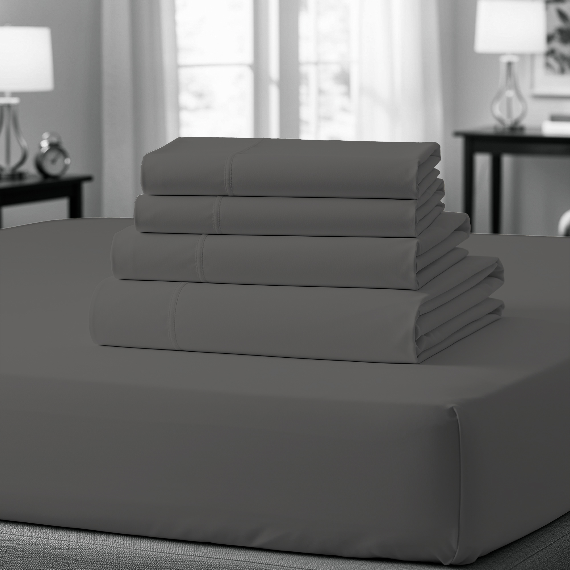 Purity Home 100% Cotton Twin Bedsheet Set, Sateen Green Wrinkle-Resistant 3-Piece Set Charcoal Gray