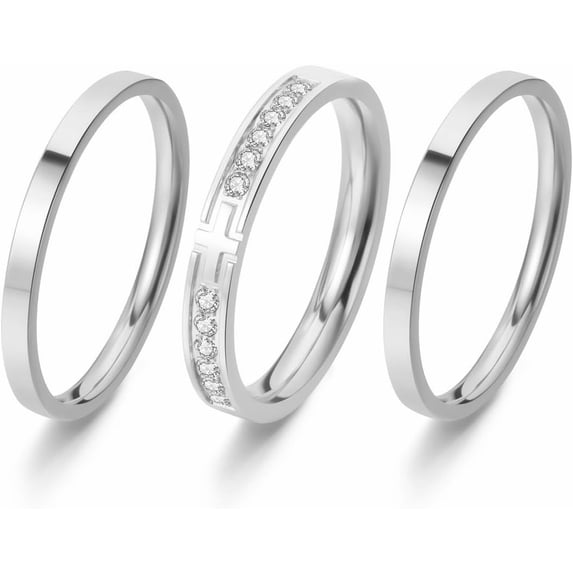 Purity Rings for Women, 3Pcs Thin Stackable Rings, Silver Cross Ring for Women, Dainty 14K Plated Gold Ring for Women Size 5-11