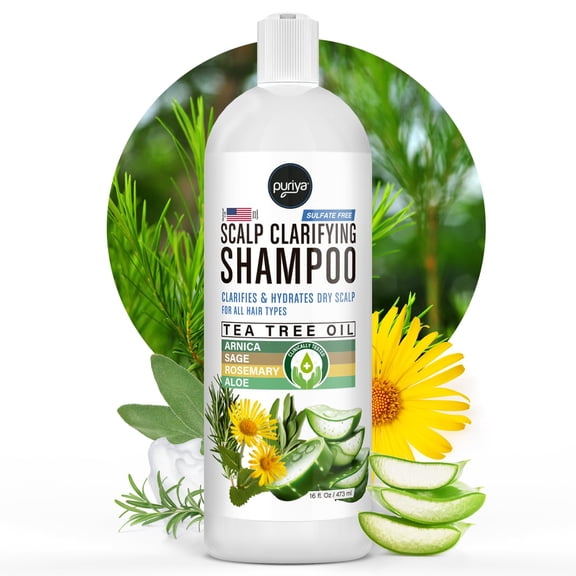 Puriya Natural Dandruff Shampoo (16oz) with Potent Tea Tree, Vitamin & More. Combats itchy, Flaky & Dry Scalp.