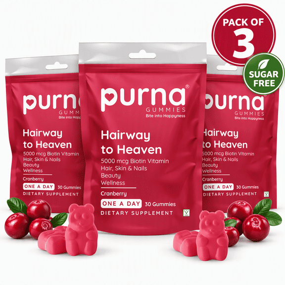 Purna Hairway to Heaven 5000 mcg Biotin Sugar Free Gummies – Cranberry Flavor Hair Skin & Nails Support 30 Vegan Gummies/Pack (One a Day) Pack of 3