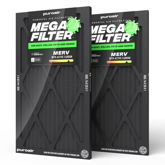 PuroAir Mega Filter - MERV 13 14x25x1 Air Filters with Carbon (2 pack)